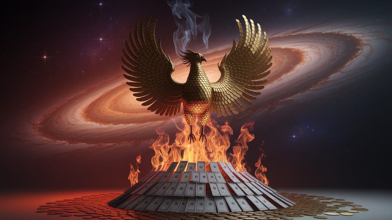 Phoenix of Gold Coins Rises from Burning Banknotes