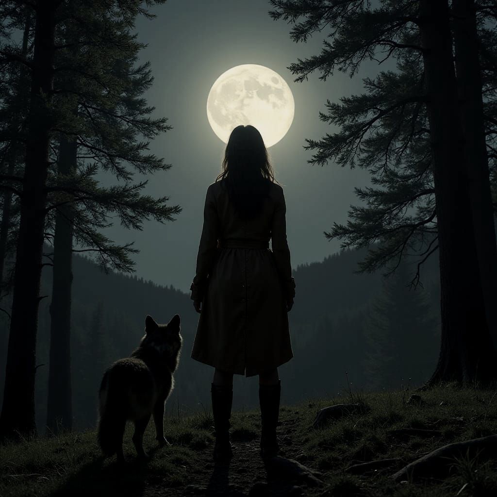 Woman and Wolf in Moonlit Forest