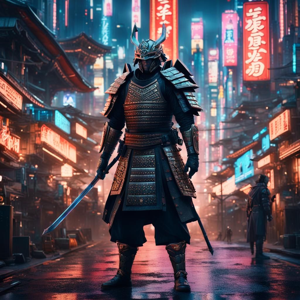 Samurai in Cyberpunk City: Detailed Matte Painting