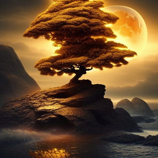 Golden Tree on Sea Rock at Dawn