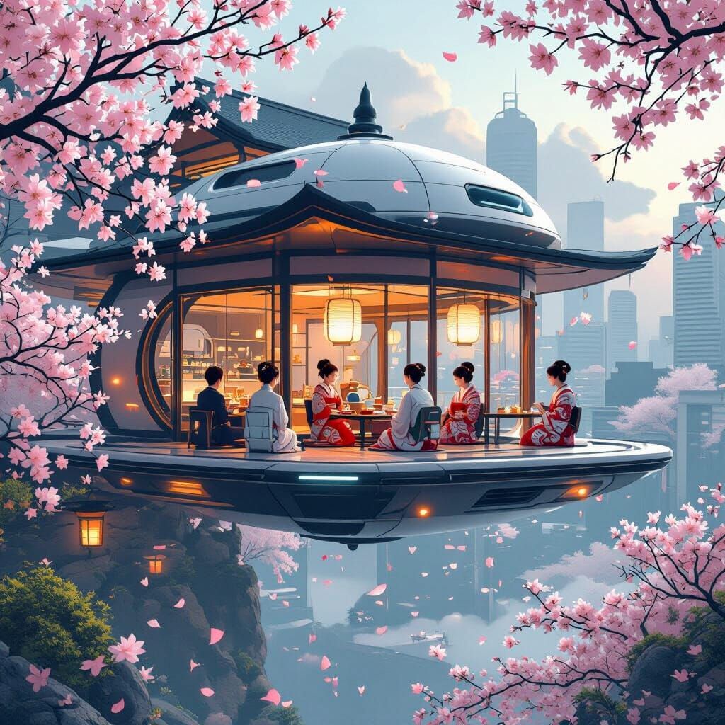 Futuristic Tea House Above Singapore in Sci-Fi Style