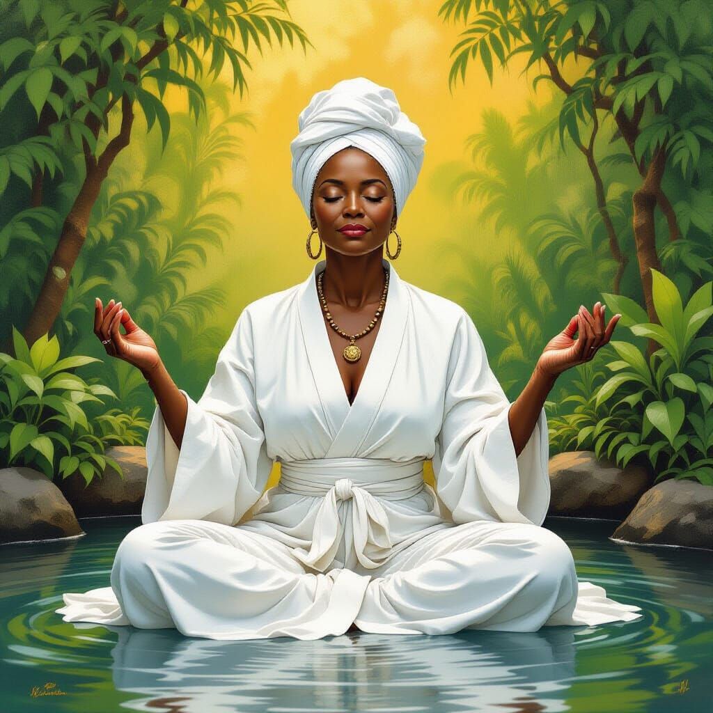 Serene African Woman Meditating at Spring