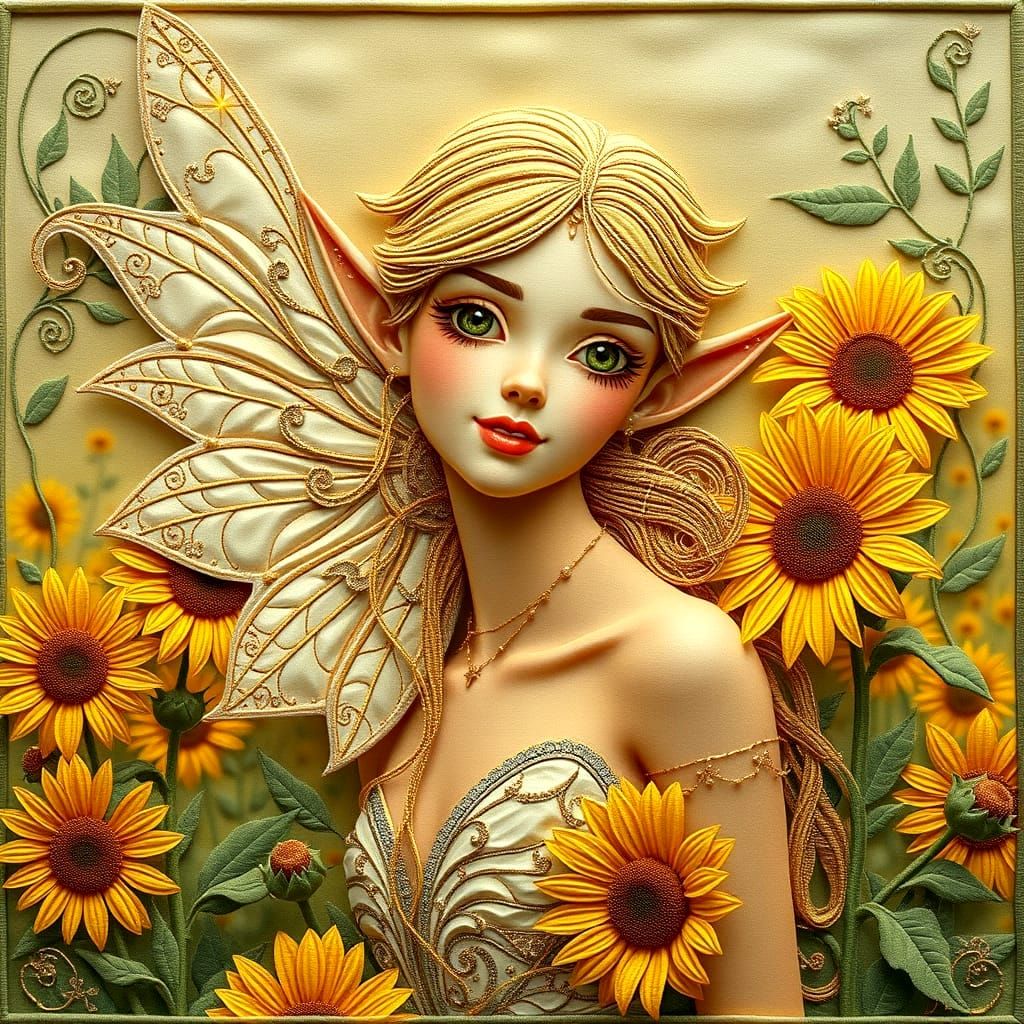 Ethereal Female Elf in Sunflower Field with Crystal Wings