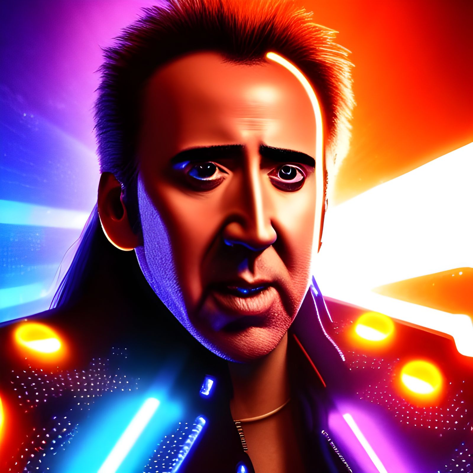 Nicolas Cage as Glowing Cyberpunk Warrior Portrait