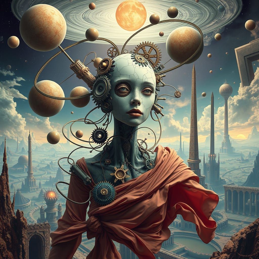 Surreal Porcelain Figure Merging with Gears and Orbits