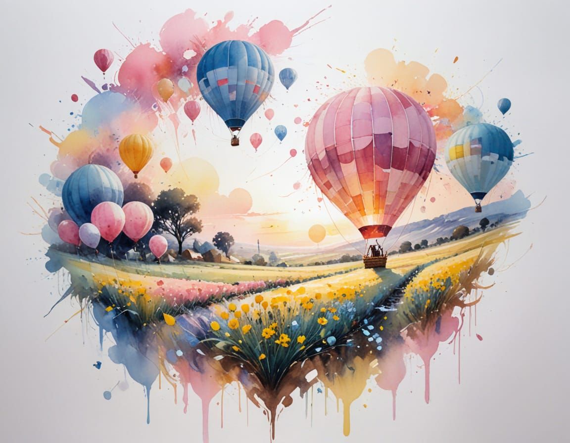 Pastel Hot Air Balloon Festival Over Fields, Watercolour Art
