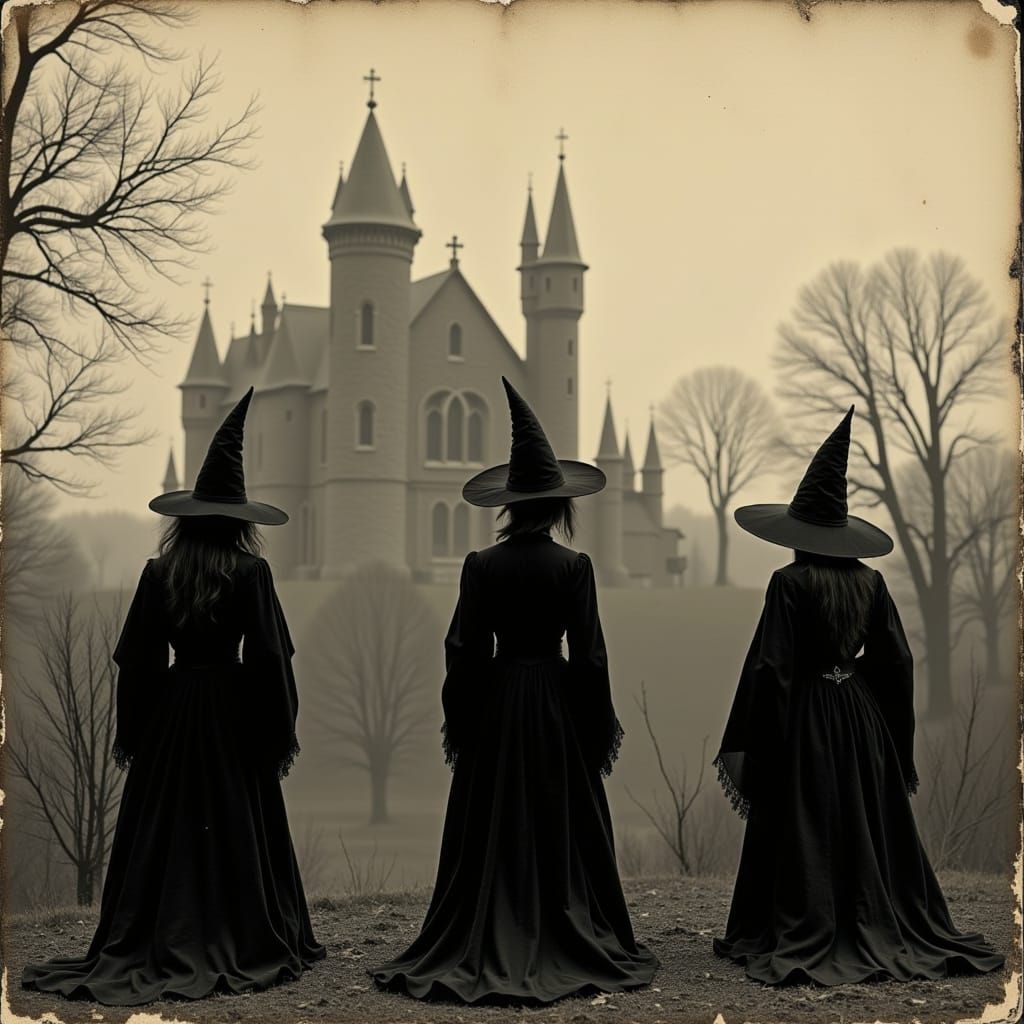 Witches Gaze at Gothic Castle in Sepia Photograph
