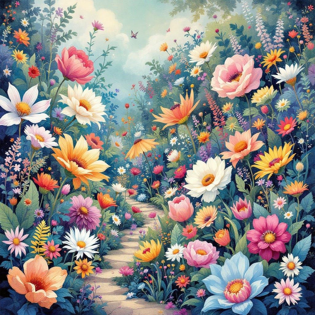 Dreamlike Garden Scene in Surrealist Style