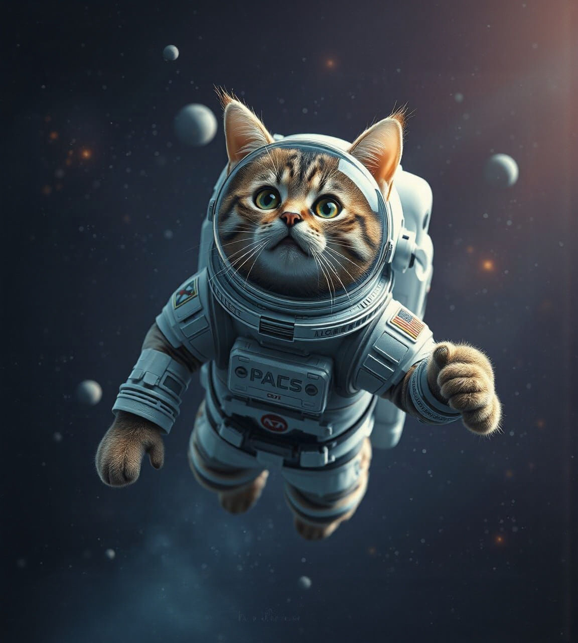 Hyperrealistic Cat in Spacesuit Floating in Space
