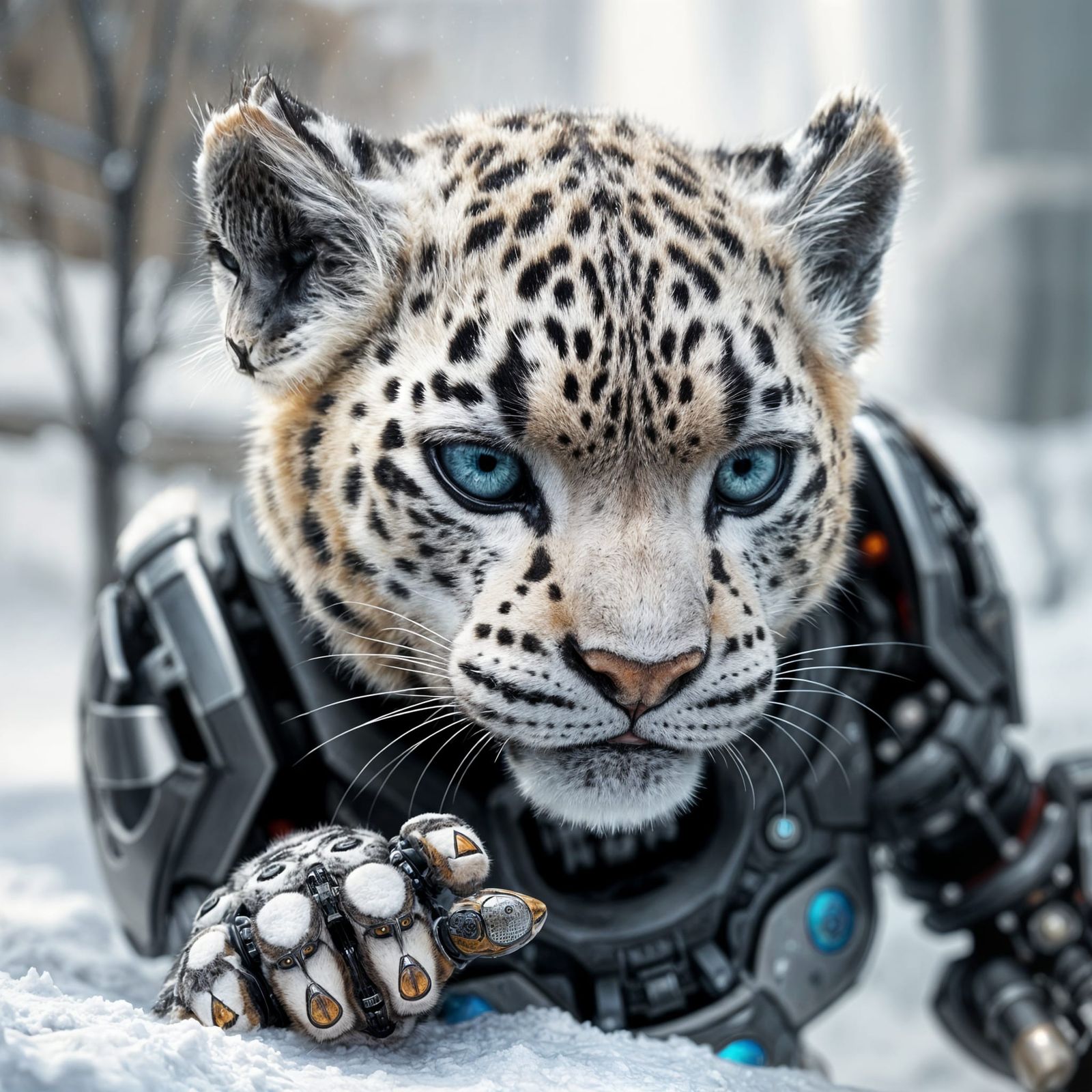 Photorealistic Snow Leopard Cyborg in Snowy City