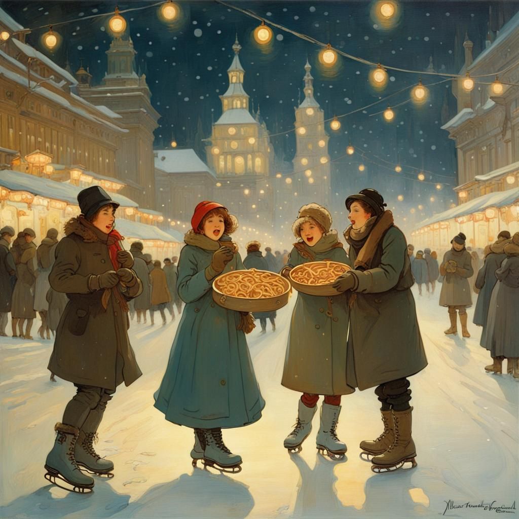 Festive Ice Skating Scene in Art Nouveau Style