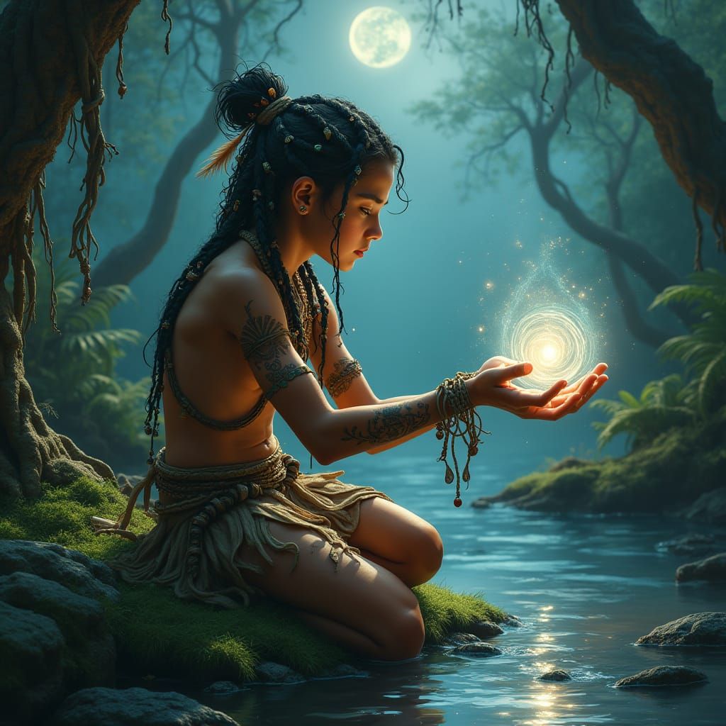 Mystical Tribal Youth Channels Ancient Magic Under Moonlight