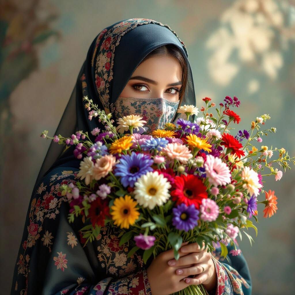 Woman Hiding Face With Flowers in Abaya and Hijab