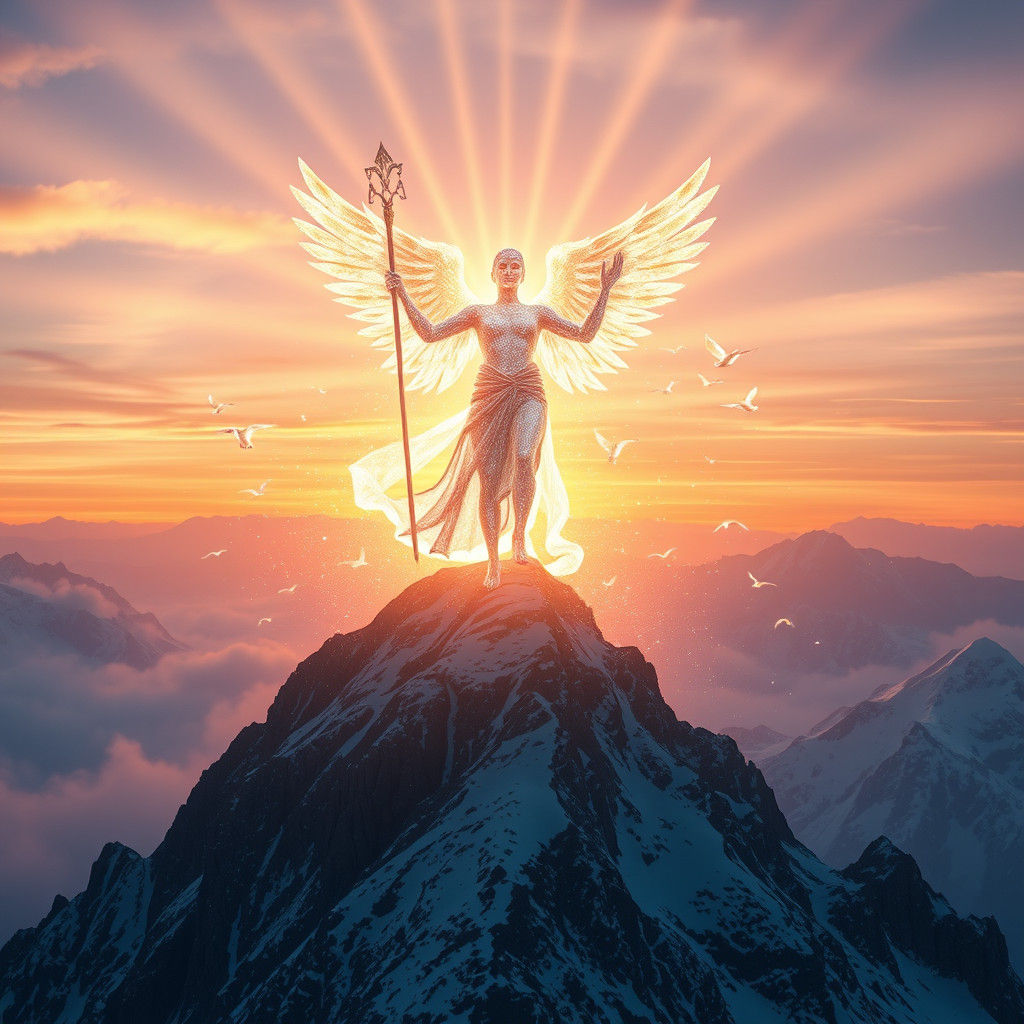 Stardust Being on Mountain Peak in Golden Light