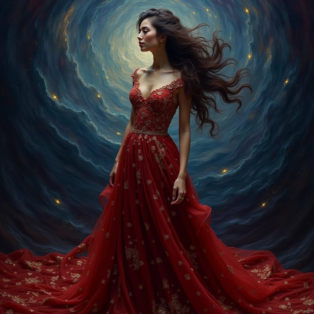 Regal Woman in Flowing Gown: Art Nouveau Portrait