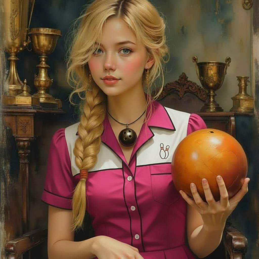 Blonde Woman with Bowling Ball and Trophies
