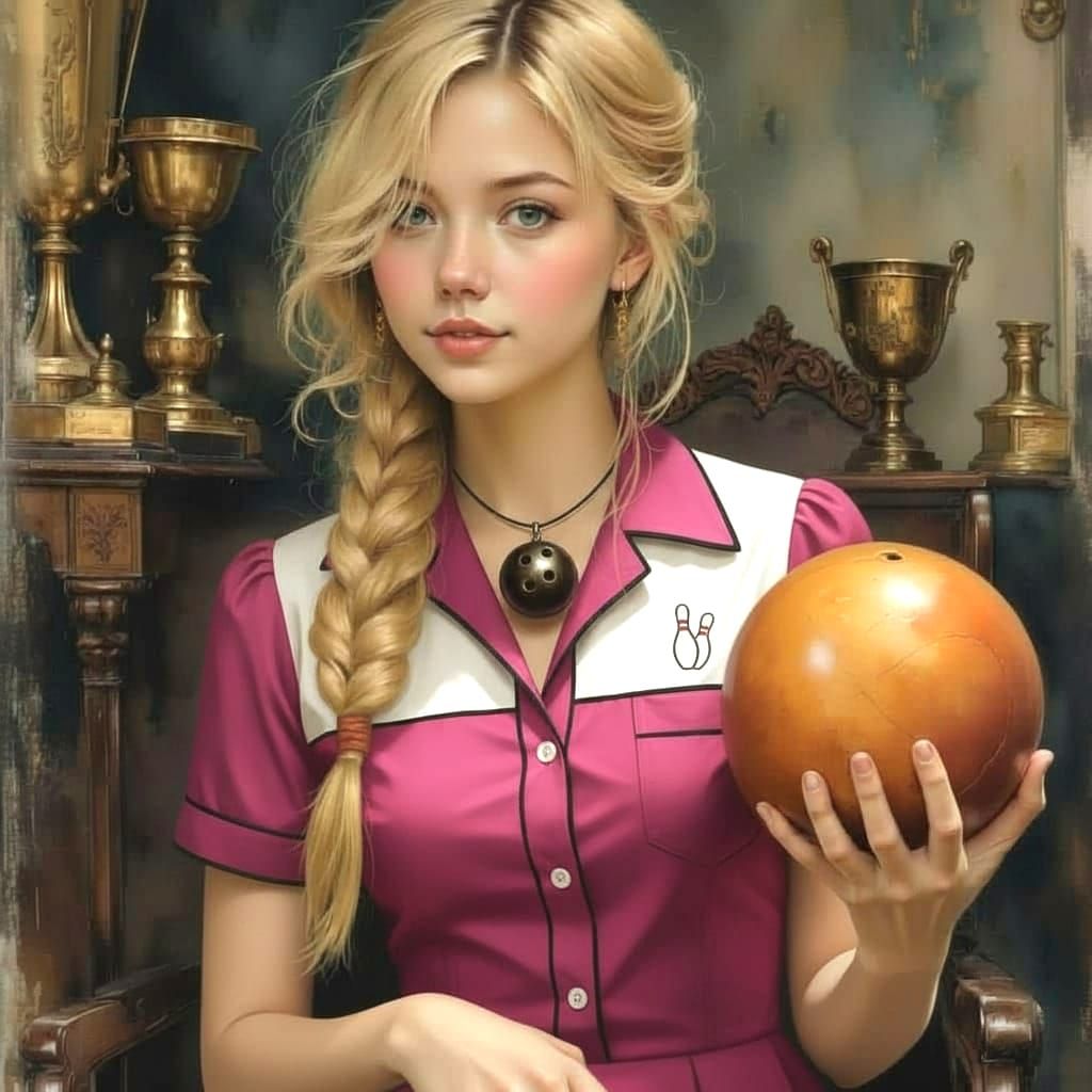 Blonde Woman with Bowling Ball and Trophies