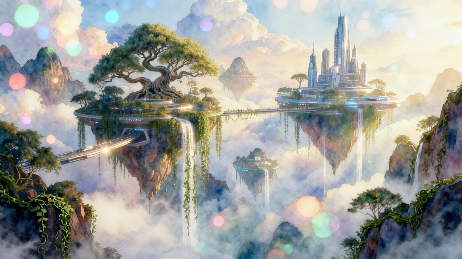 Magical Floating Islands with Sky Cities and Waterfalls