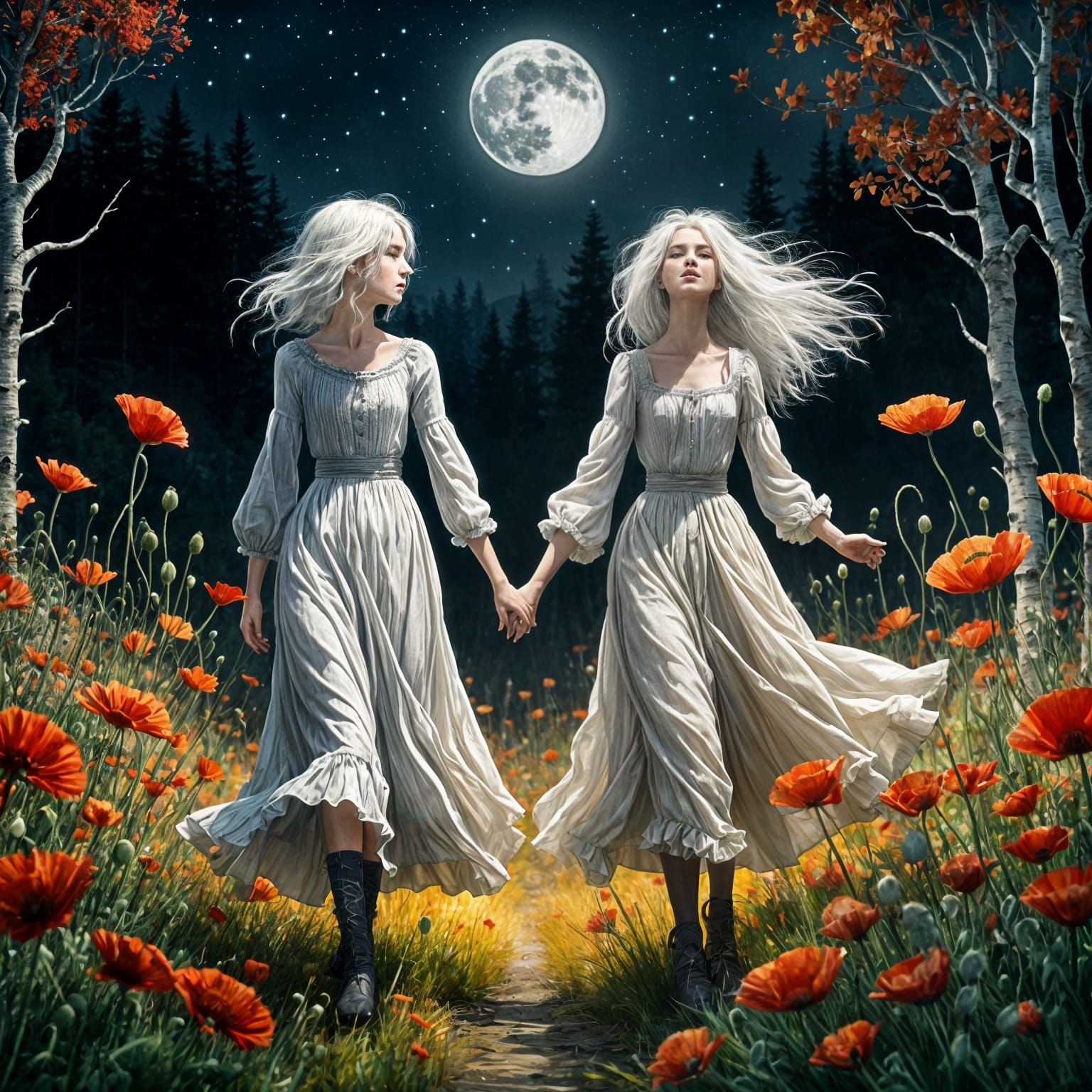Ethereal Women Dancing Under Golden Moonlight in a Dark Fant...