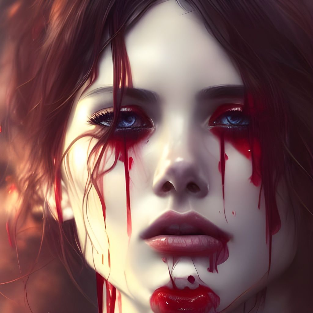 Brunette Crying Bloody Tears: Hyperdetailed Portrait