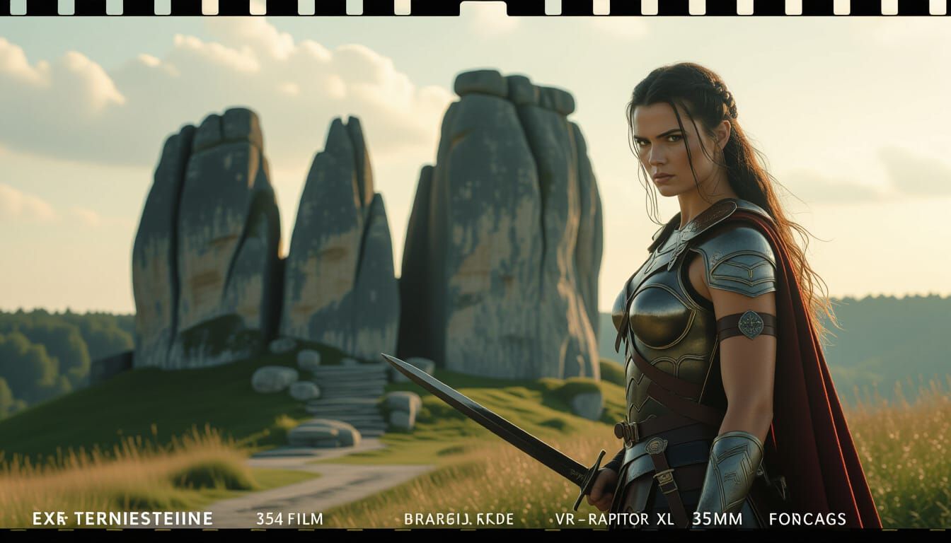 Warrior Woman at Externsteine in Cinematic Lighting