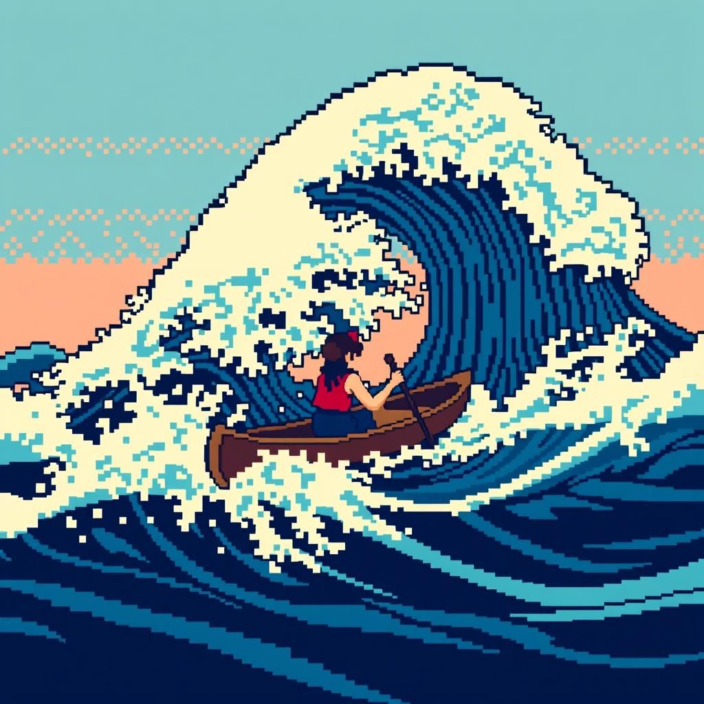 Woman Rides the Great Wave in 8-Bit Pixel Art