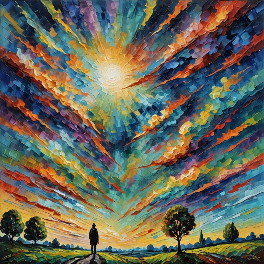 Figures Gazing Skyward in Neo-Impressionist Oil Painting