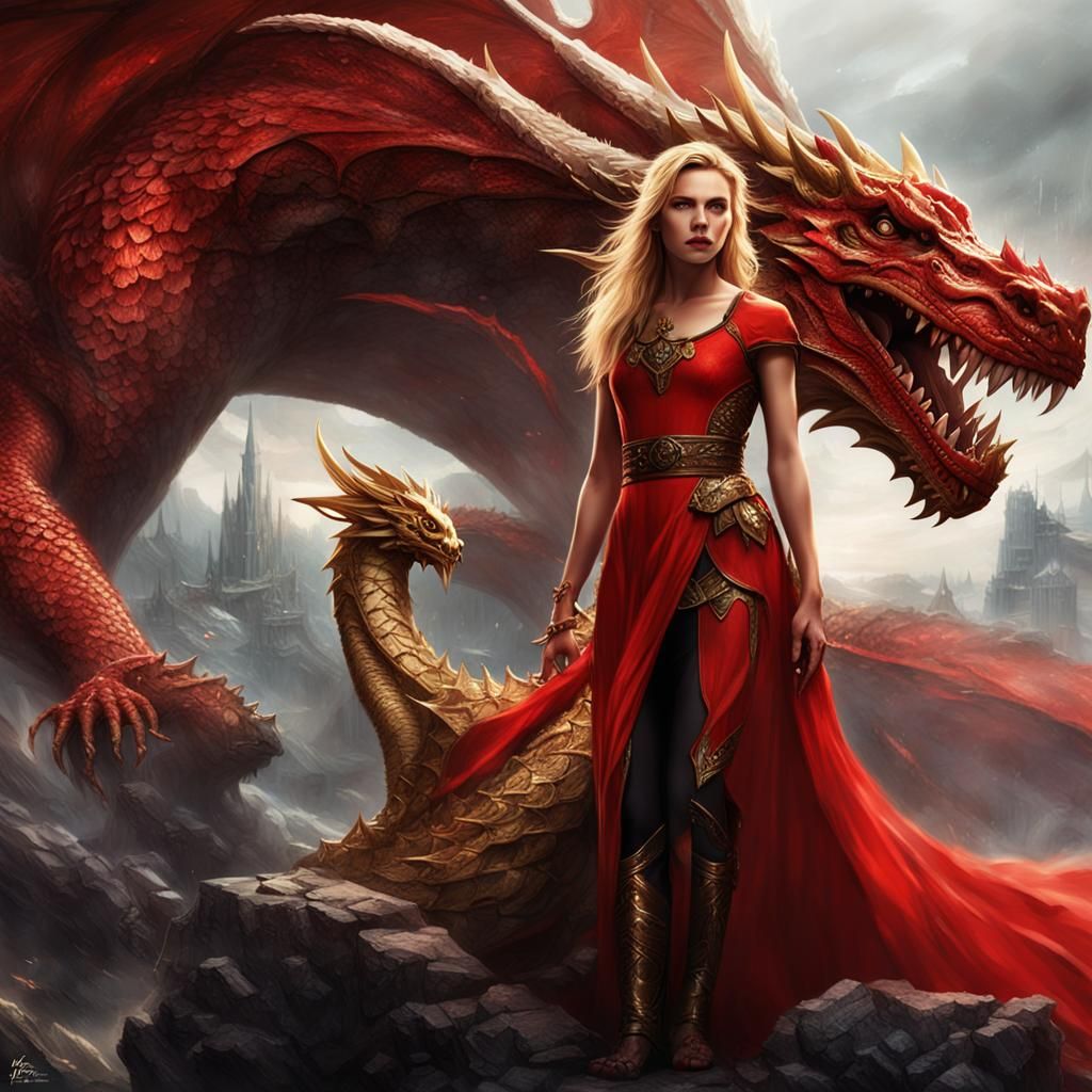 Blonde Woman with Dragon in Fantasy Art