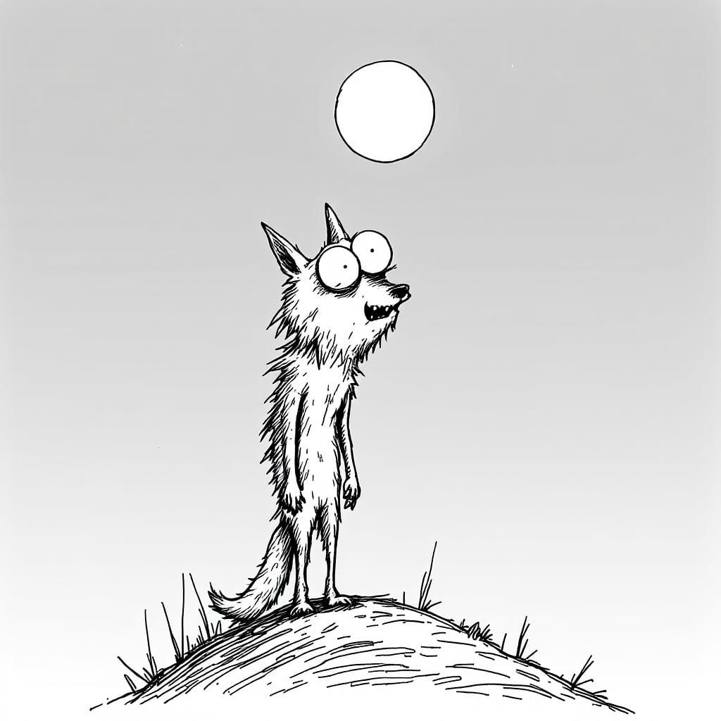 Minimalist Cartoon Wolf Howling at Moon