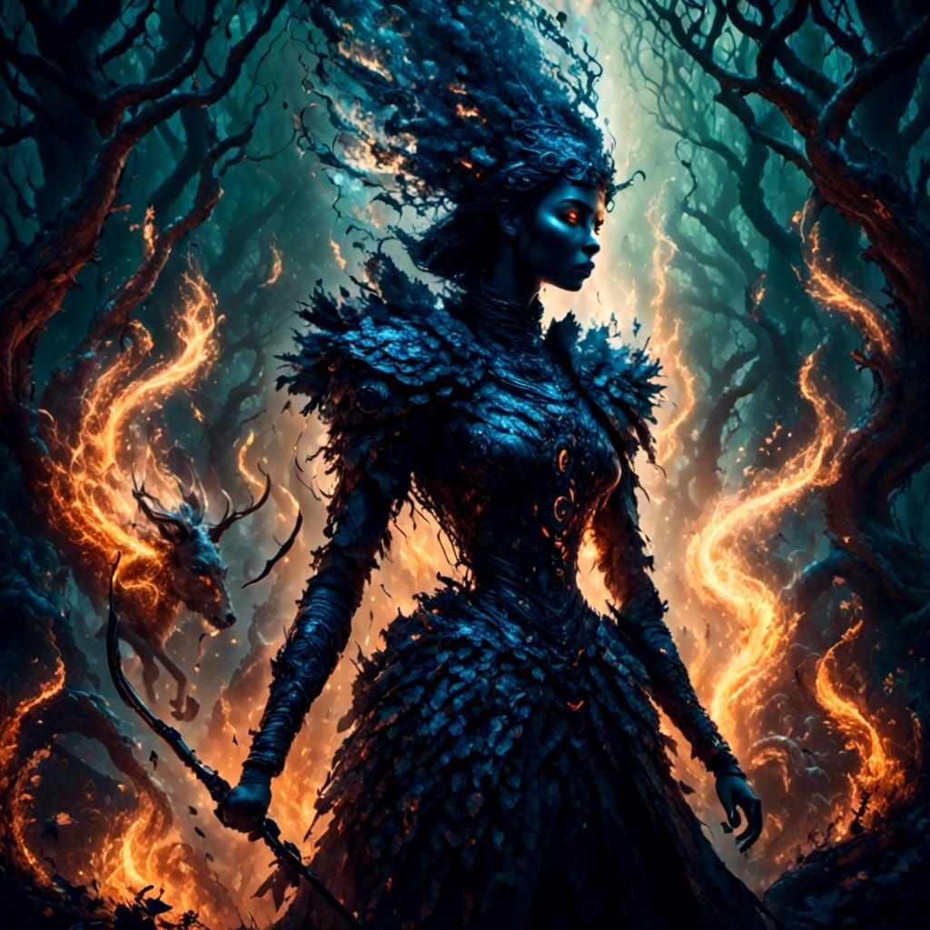 Mystical Creature Hunt in Smoky Forest: Hyperrealistic Art