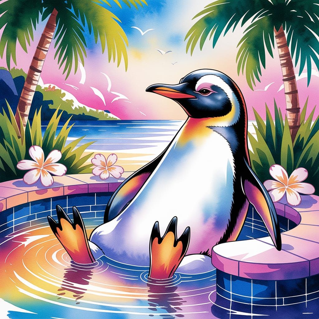 Penguin Relaxation: Watercolor Spa Scene in Impressionism St...