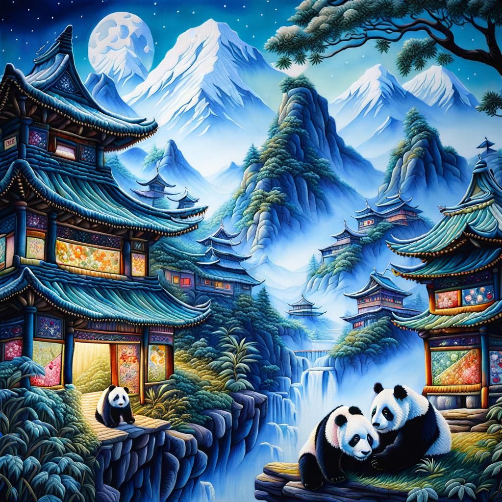 Detailed Macro Photograph of Panda Embroidery on Quilted Tap...