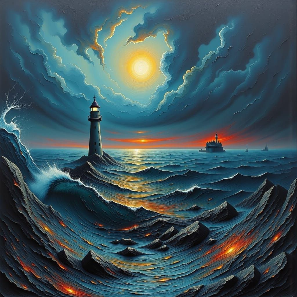 Lighthouse in Storm: Impasto Seascape