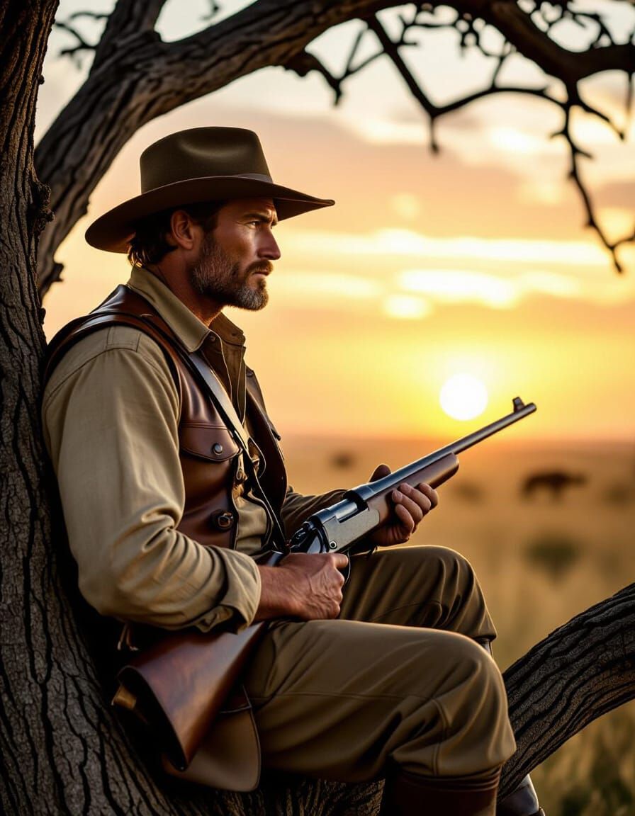 English Hunter in Africa at Sunset