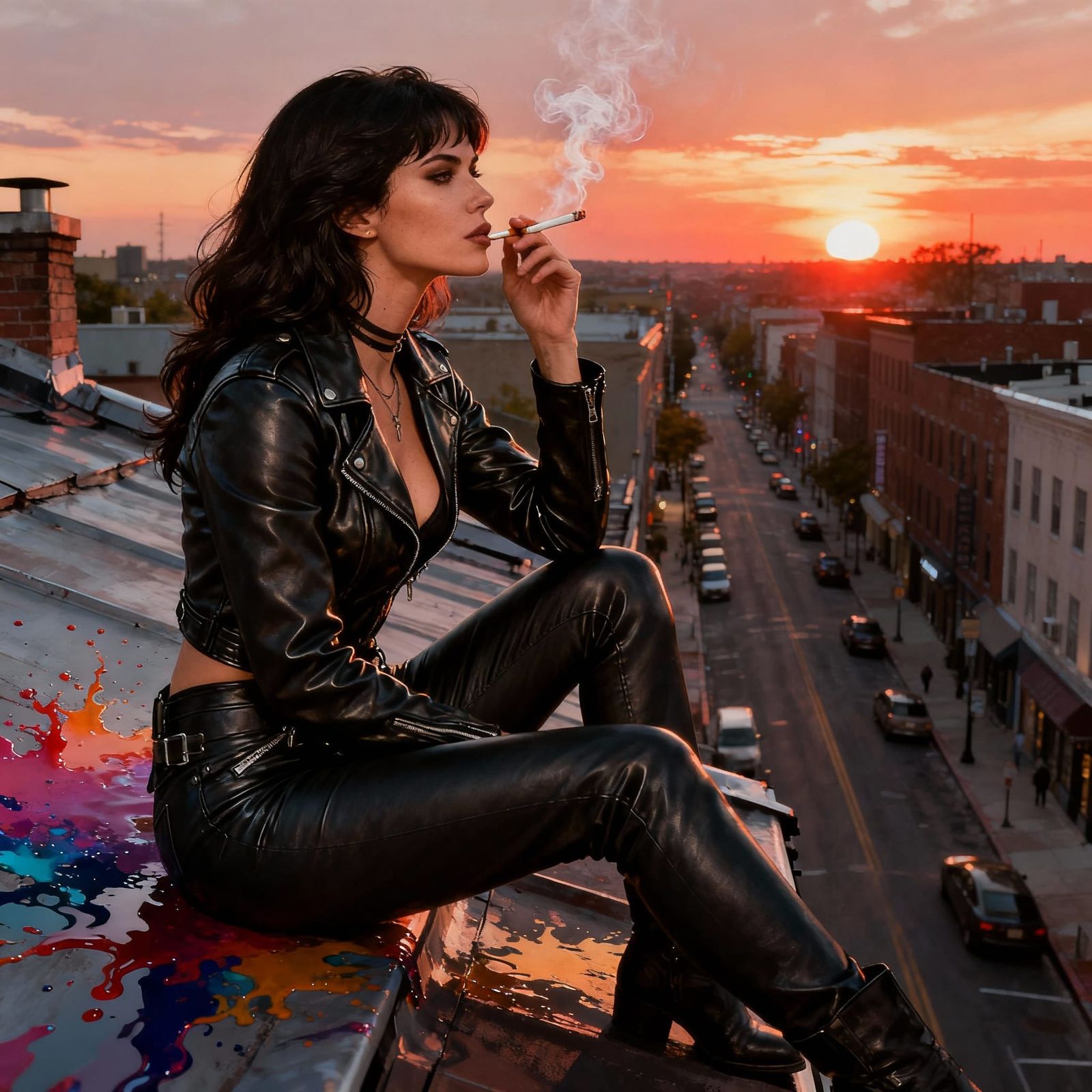 Badass Brunette Woman on Rooftop at Sunset in Hyperrealistic...