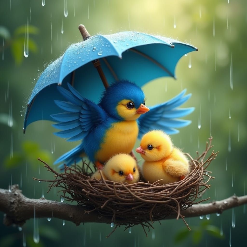 Vivid Blue Bird Protects Nest in Gentle Rainfall