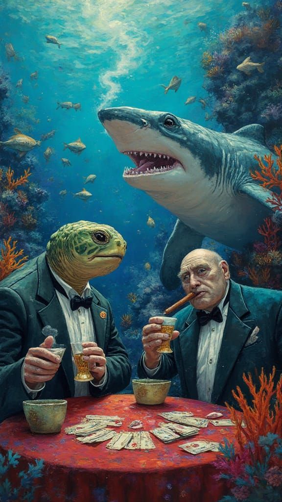 Marine Animals Gamble in Underwater Casino, Cubist Style