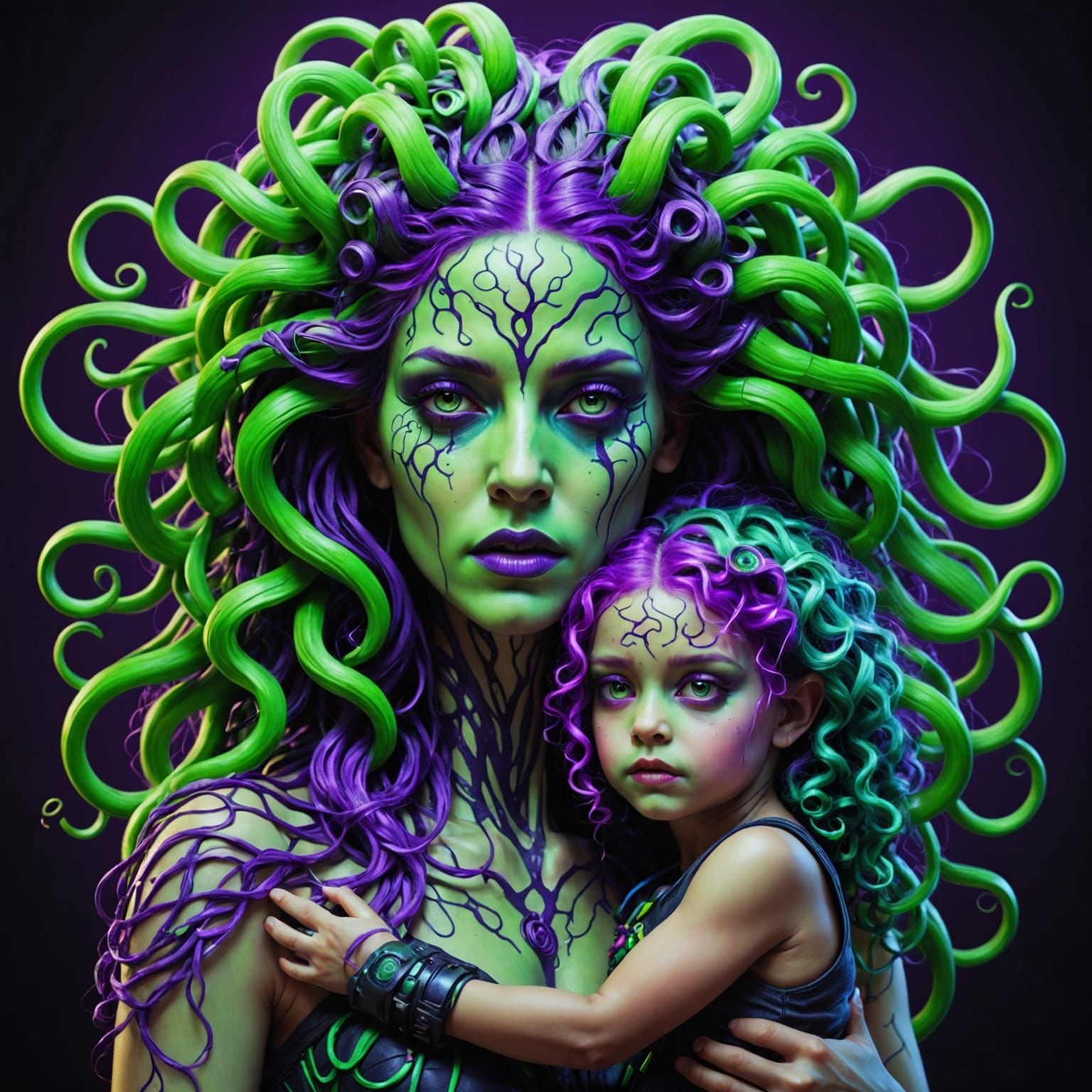 Mythical Mother Embraces Her Child in Vibrant Surrealism