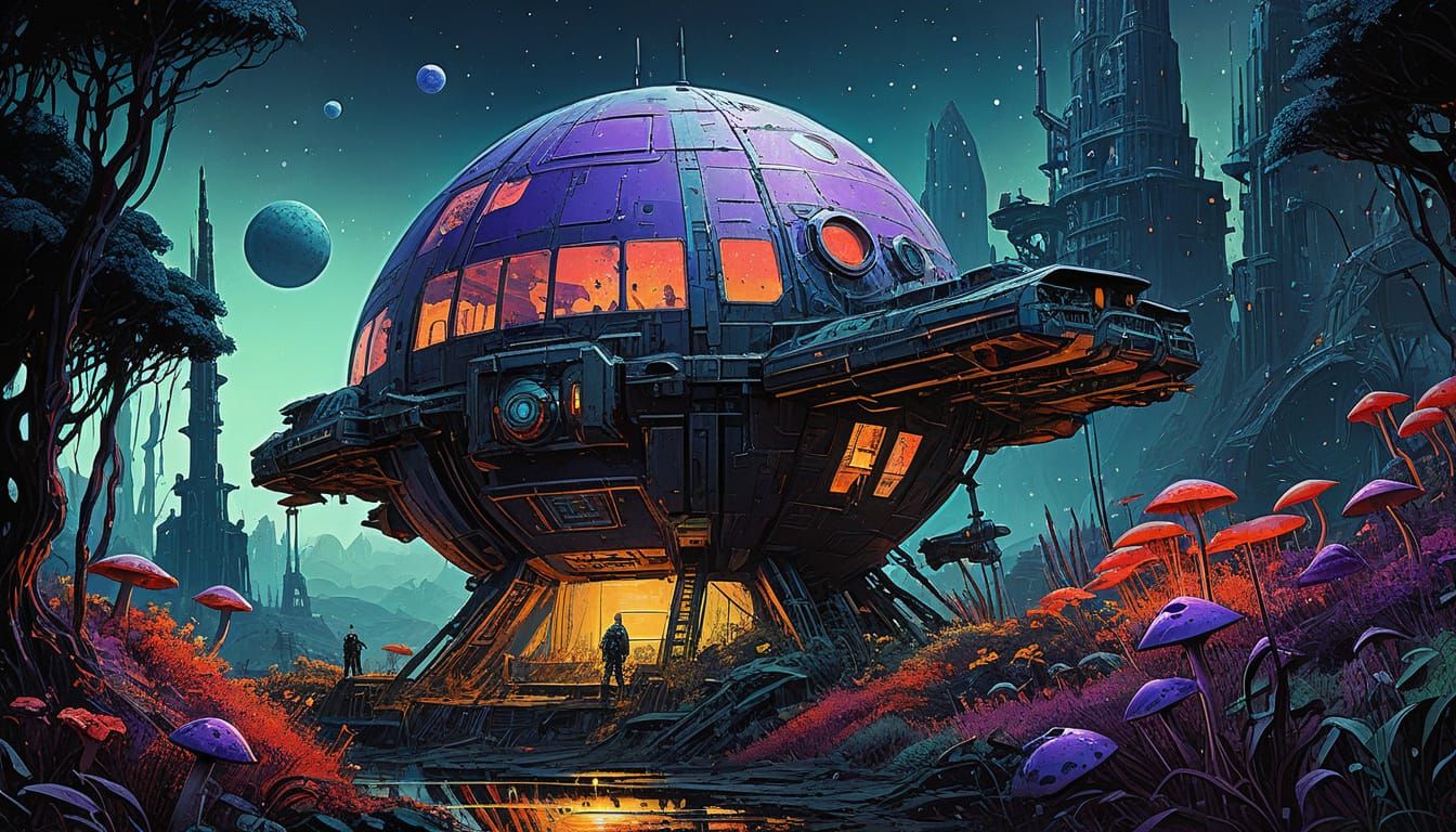 Cyberpunk Rocketship on Alien Planet in Neo-Impressionism St...