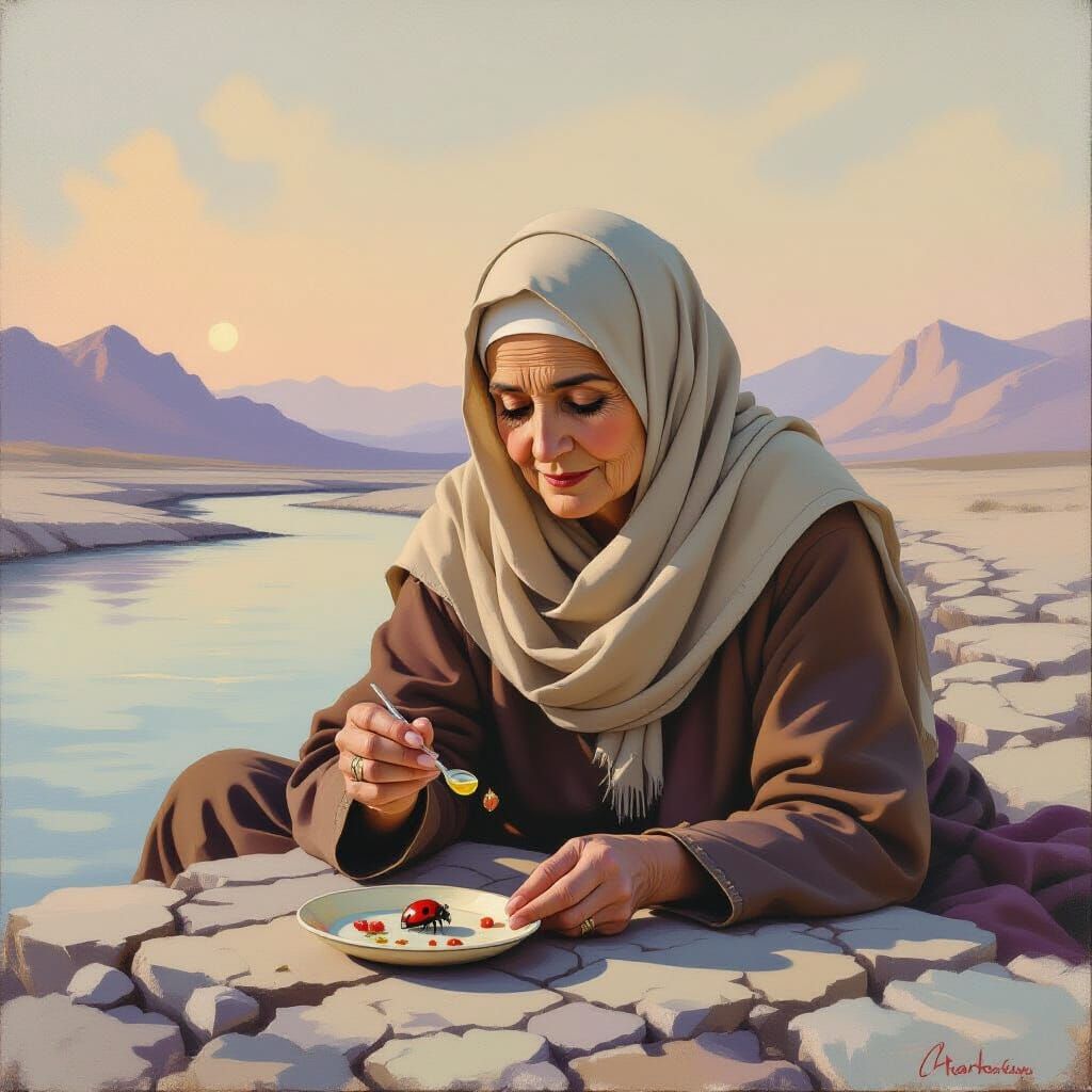 Elderly Woman Feeds Ladybug on Cracked Riverbed in Impressio...