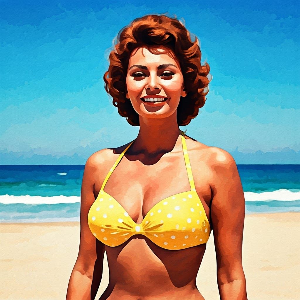 Sophia Loren Smiling on the Beach as Watercolor Painting