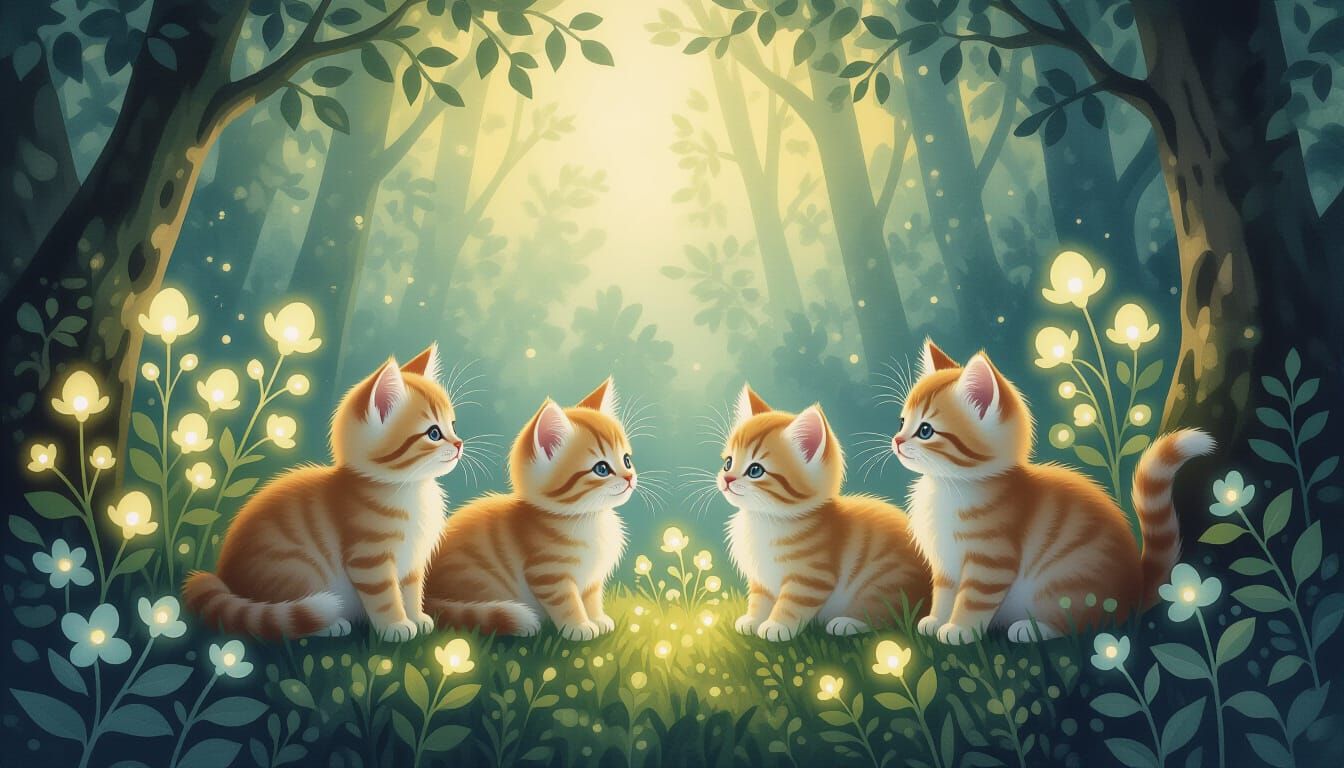 Kittens Among Glowing Forest Flora in Gouache Style