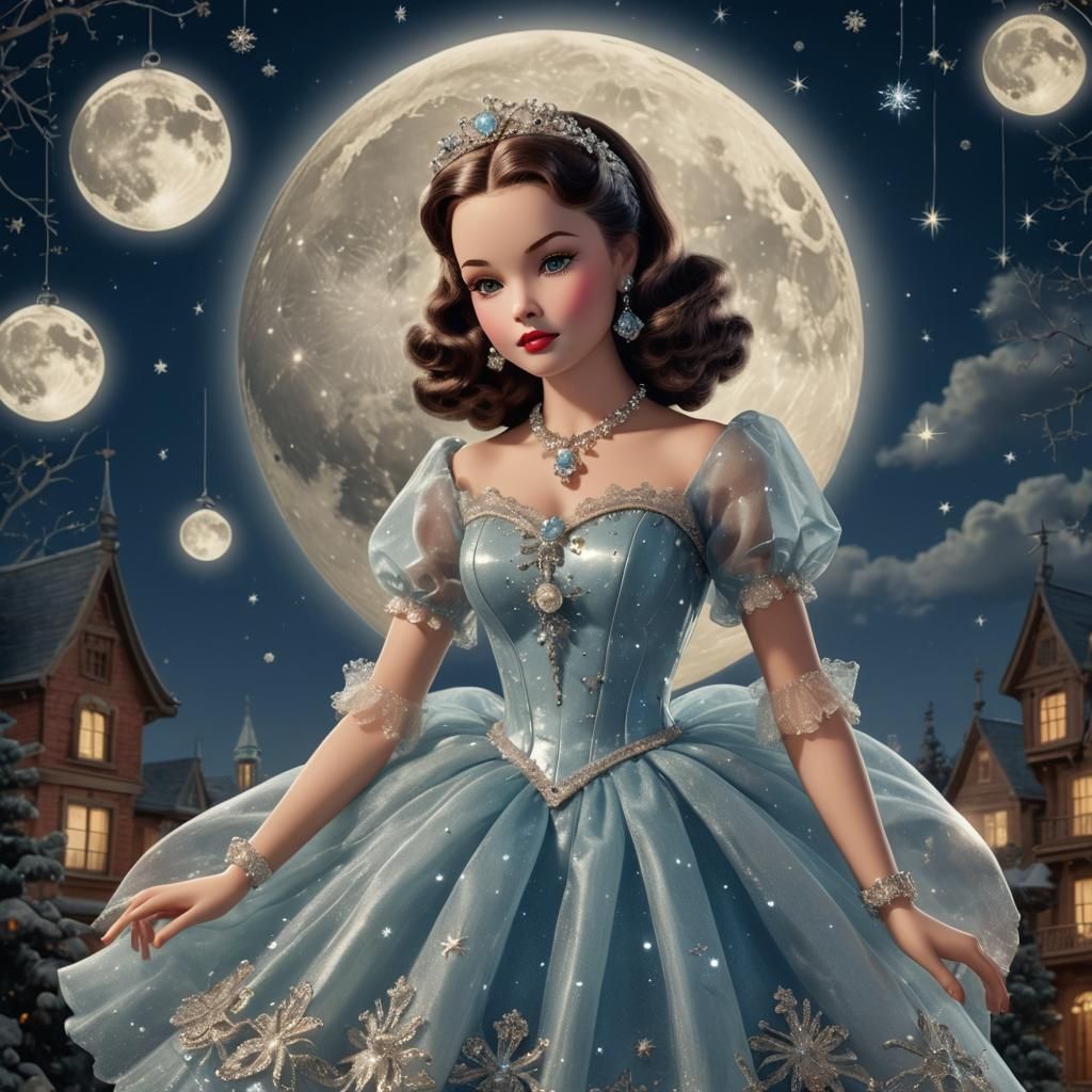 Mechanical Doll in Glass Dress Against Night Sky