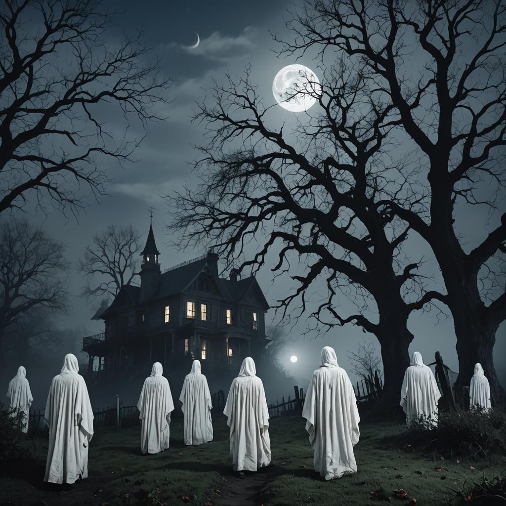 Eerie Gothic House with Ghosts Under Moonlight