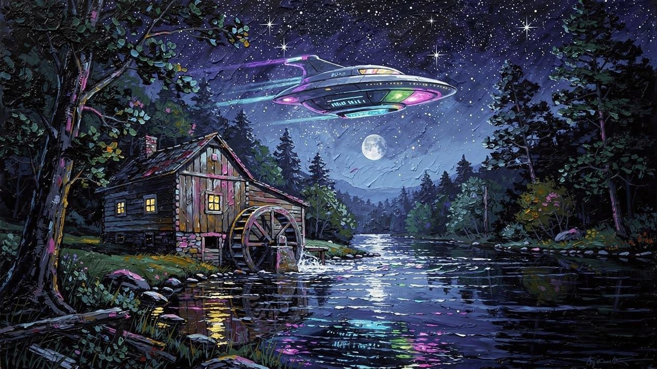 Alien Spaceship Over Rustic Mill at Night