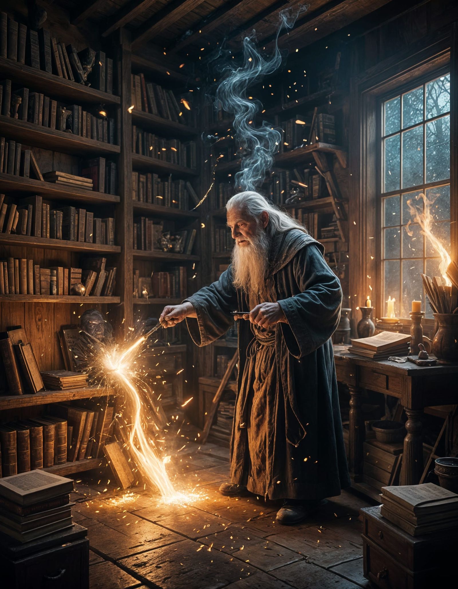 Elderly Wizard Cleans Home with Magic in Fantasy Interior