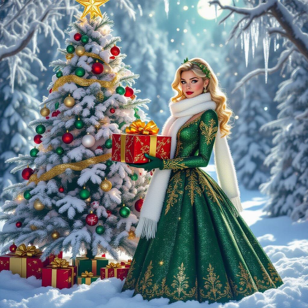 Sabrina Spellman in Emerald Dress by Christmas Tree
