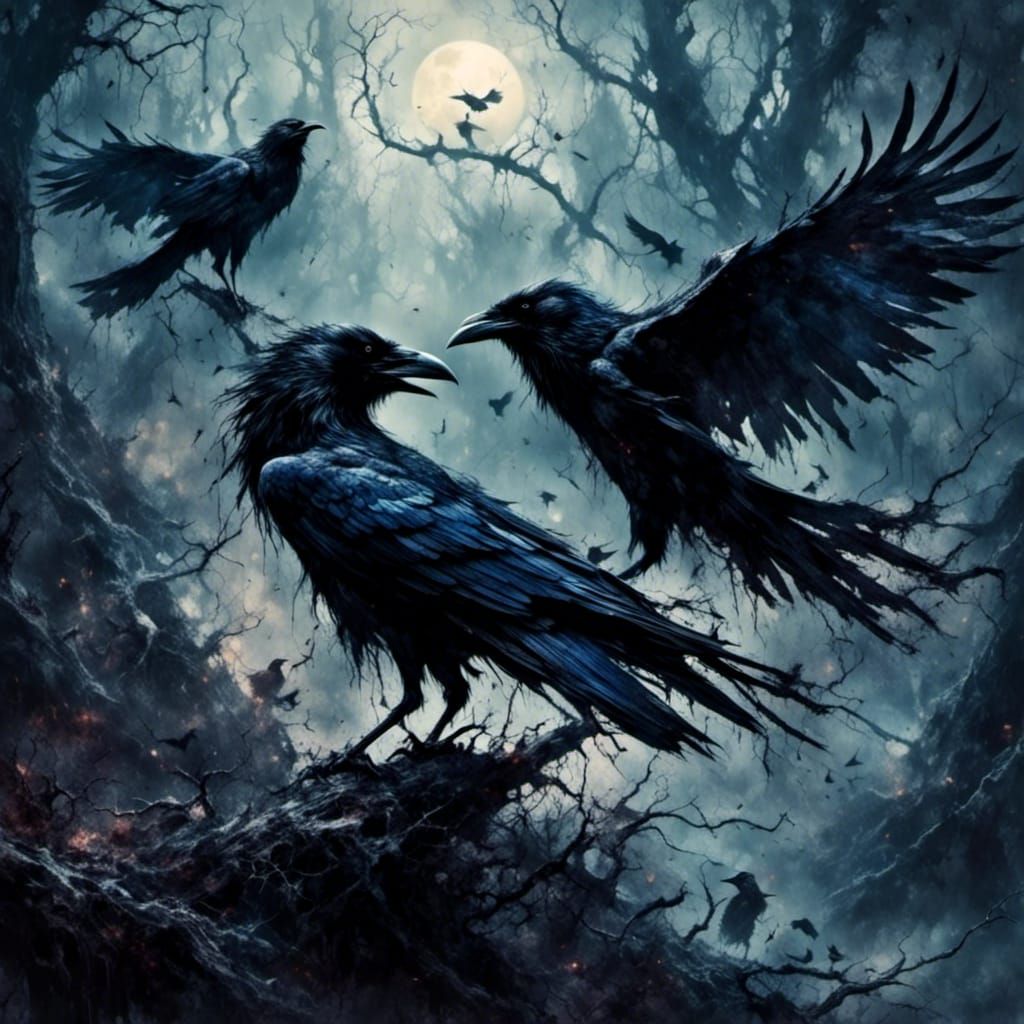 Ravens and Crows Fight in Misty Forest