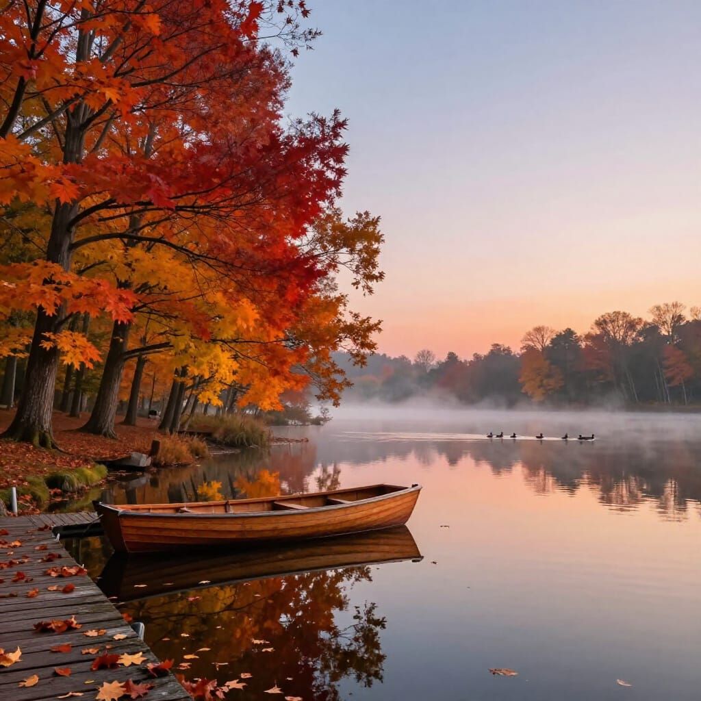 Serene Autumn Lake Reflecting Vibrant Morning Sky