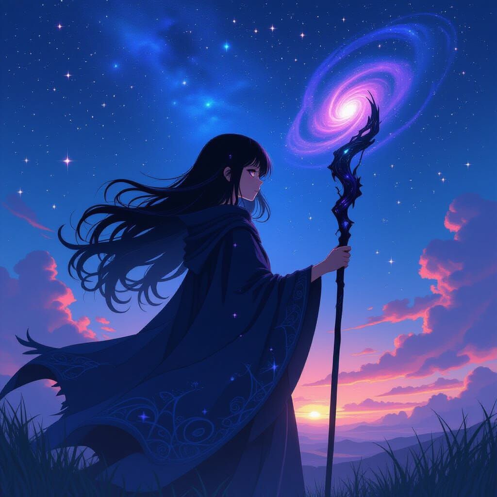 Anime Girl Silhouette in Starry Sky, Art Nouveau Style